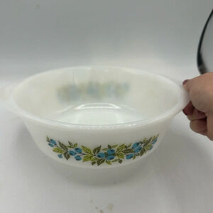 vintage small blue & green & white blueberry Glasbake dish